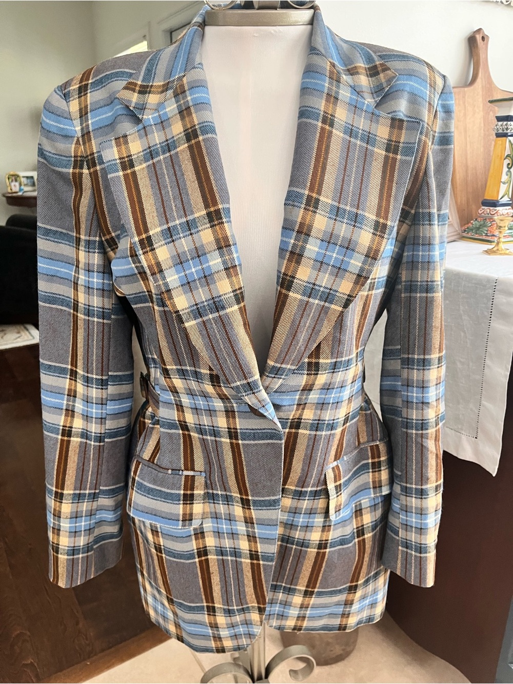 VTG Wool Plaid Longline Blazer Light Blue & Brown Made in Hong Kong Women’s 4